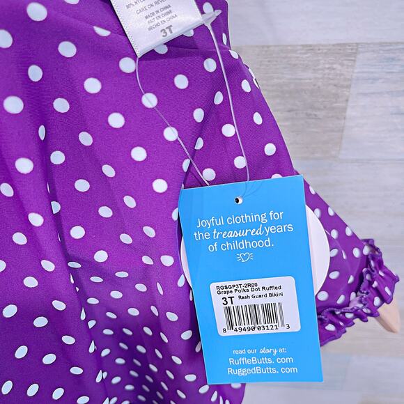 RUFFLEBUTTS 2 Piece Rashguard Swimsuit Purple White Polka Dot Toddler Girl 3T - Picture 5 of 8